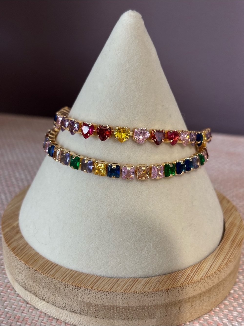 Gold Plated Multicolor Heart & Square Tennis Bracelet Set - Women Jewelry